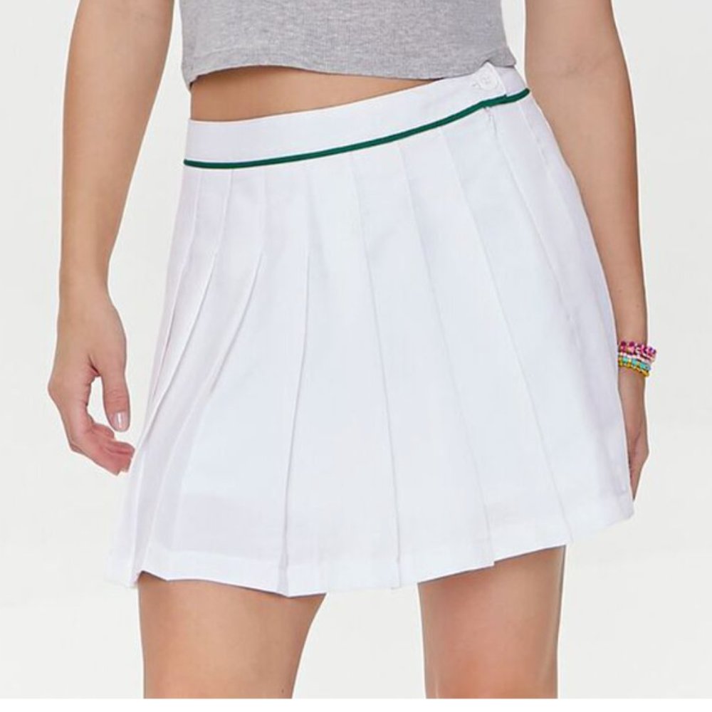 Pleated Mini Skirt - Preppy Little White Skirt with Green Trim - Fully Lined